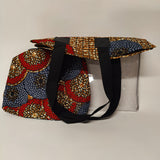 Colorful patterned tote bag with black straps