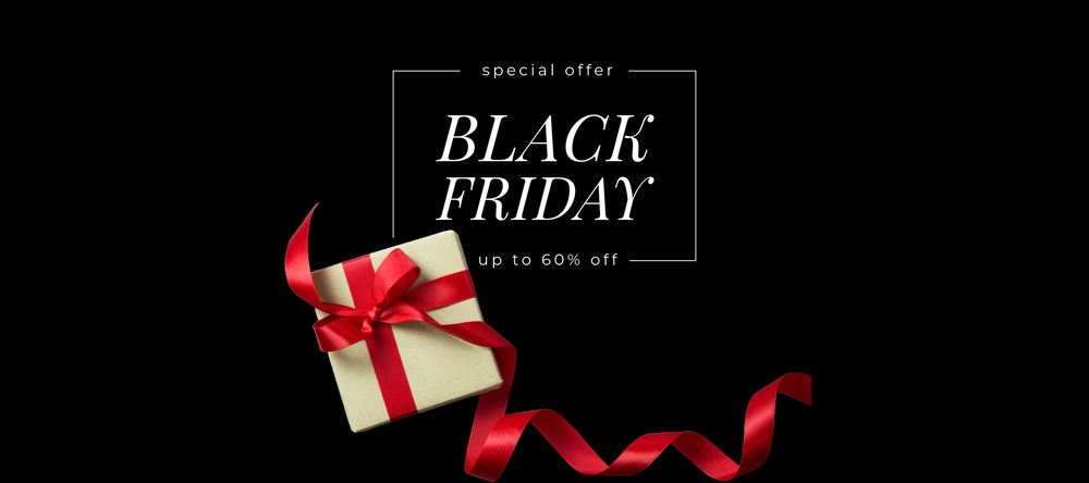 Gift box with red ribbon on a black background with 'Black Friday' text.