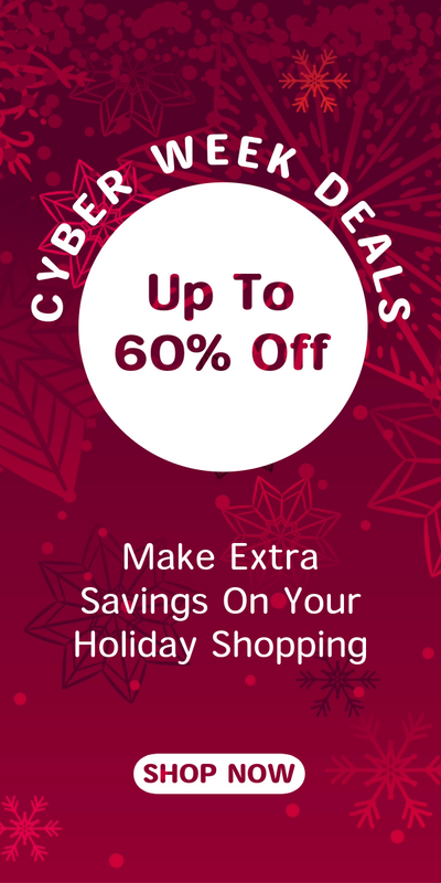 Promotional graphic for Cyber Week Deals with text and decorative elements on a red background.