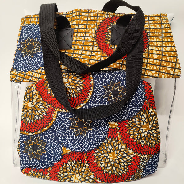 Colorful patterned tote bag with black straps