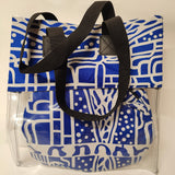Blue patterned tote bag with black handles