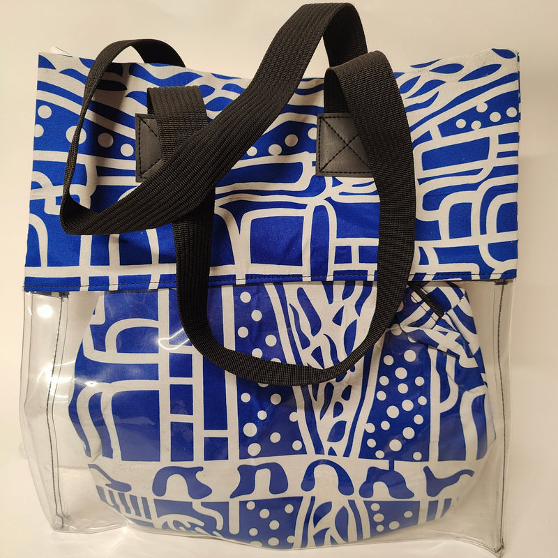 Blue patterned tote bag with black handles